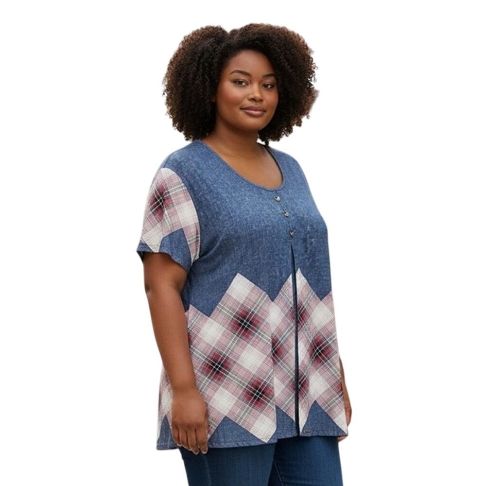 Agatka Plaid Patchwork Denim Top size EU52/US XXL